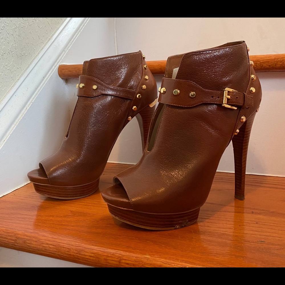 Michael Kors brown ankle boots with gold studs